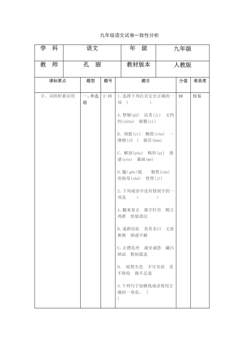 九年级语文试卷一致性分析_第1页