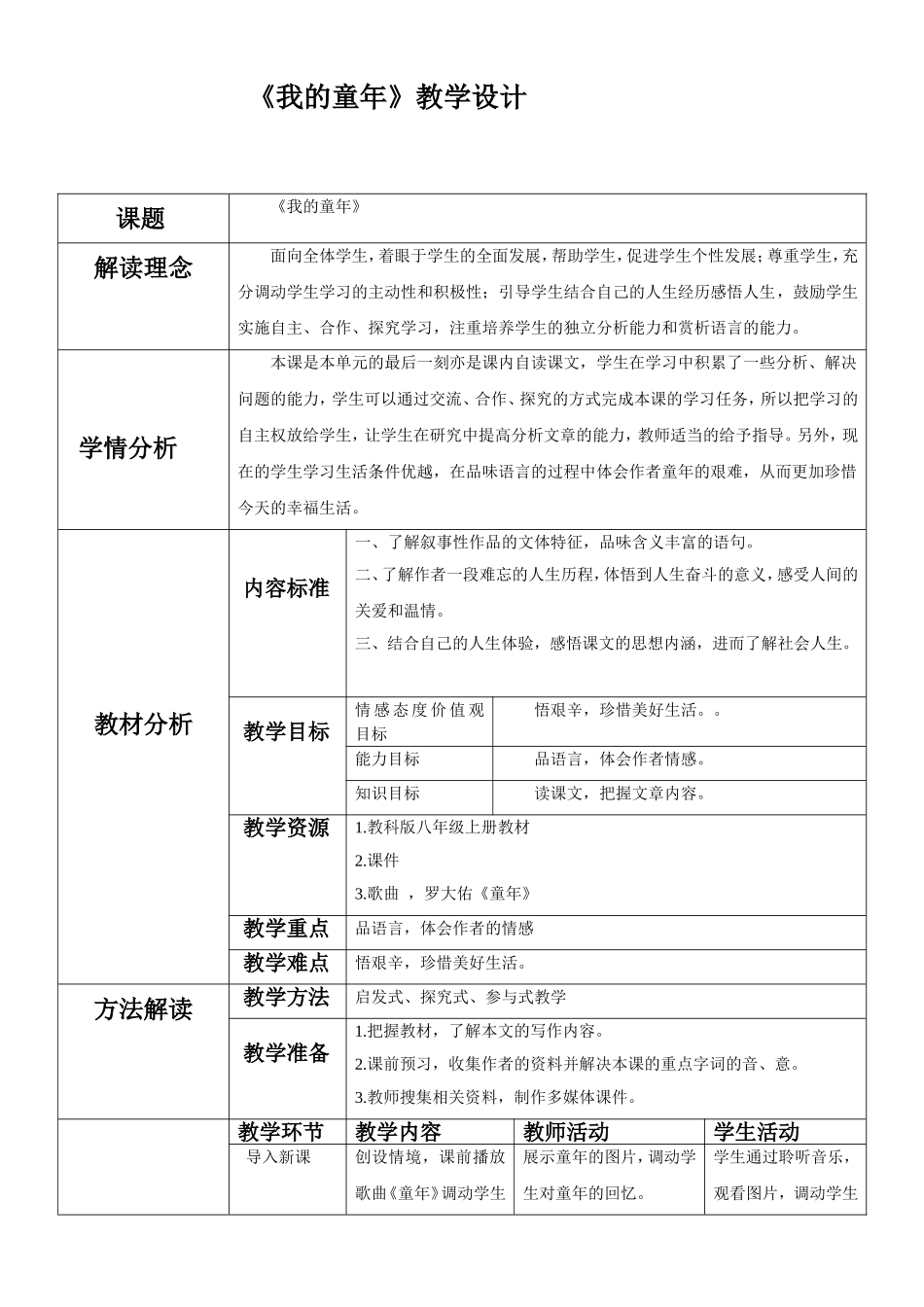 【教学设计】我的童年_语文_初中_高丽华_第1页