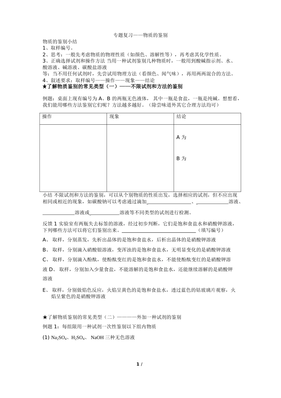 物质的鉴别专题复习_第1页