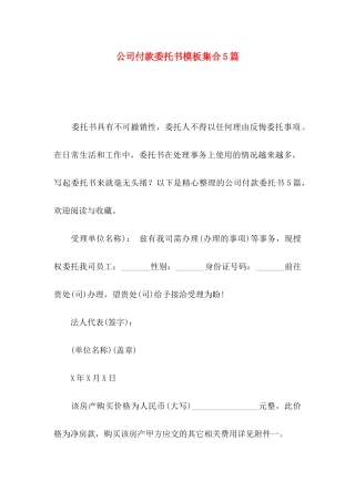 公司付款委托书模板集合5篇