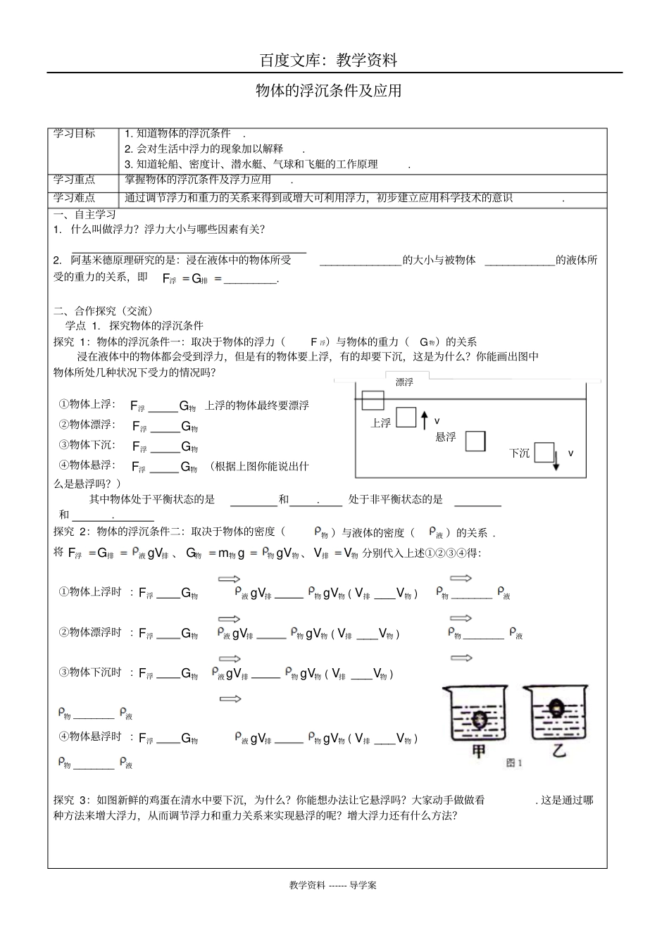 【人教版】八年级物理下册导学案：103物体的浮沉条件及应用_第1页
