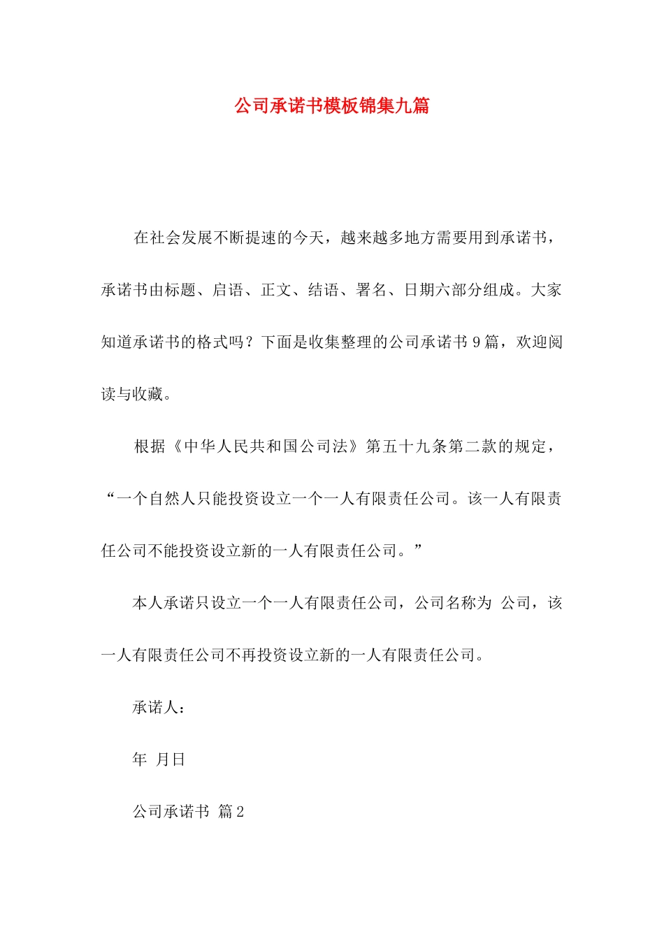 公司承诺书模板锦集九篇_第1页