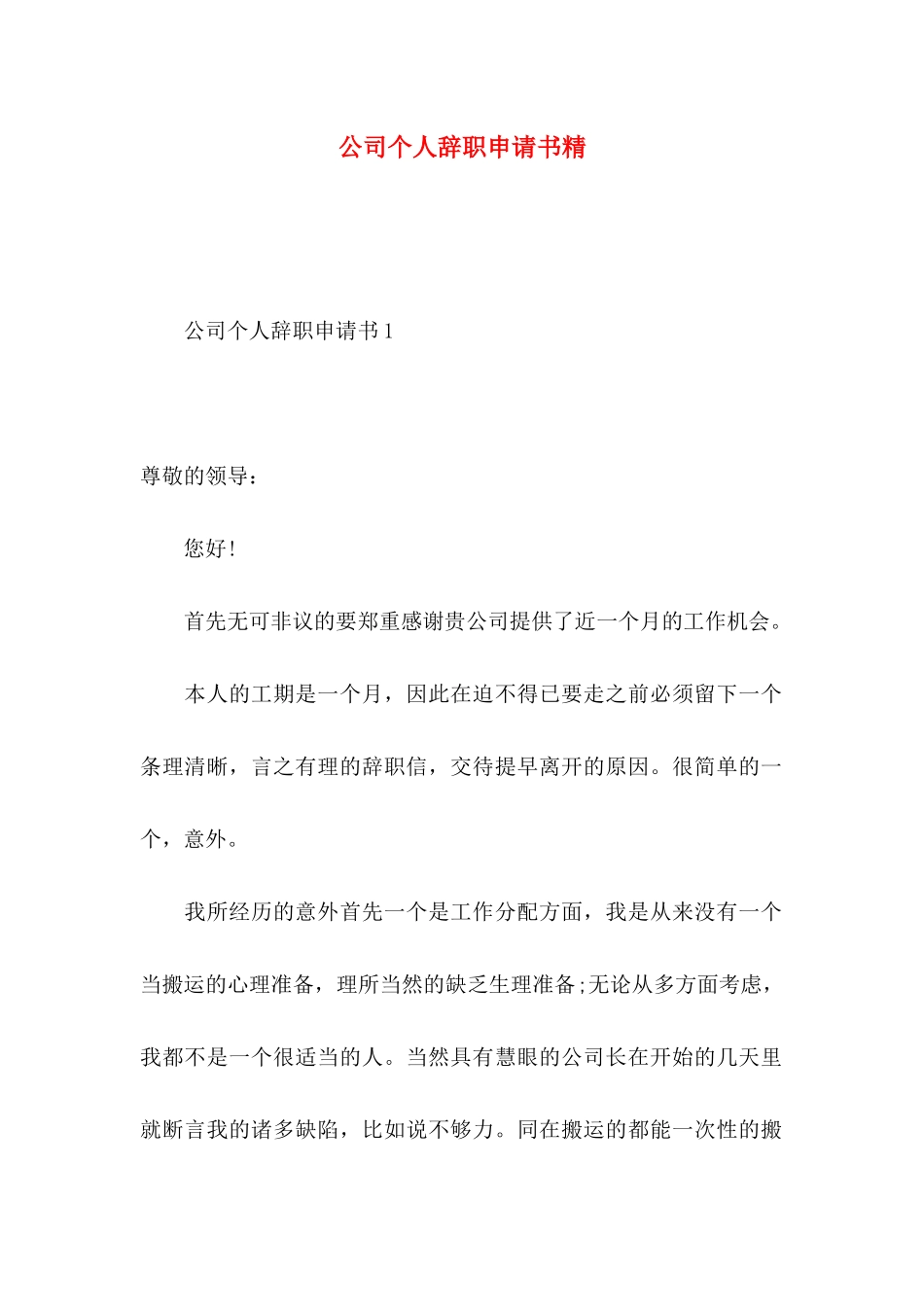 公司个人辞职申请书精_第1页