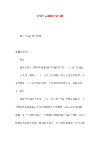 公司个人辞职申请书精