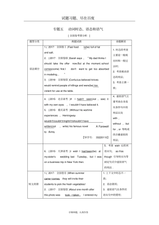 【北师大版】2019版高三英语一轮复习语法专题突破专题5动词时态、语态和语气教师用书