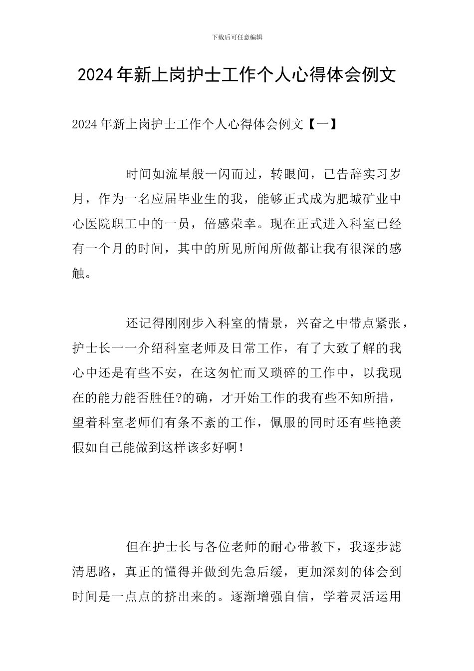 2024年新上岗护士工作个人心得体会例文_第1页