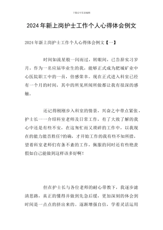 2024年新上岗护士工作个人心得体会例文
