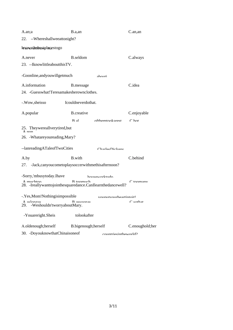福建省厦门市2020-2021学年八年级上学期期中考试英语试题分类汇编-单项选择(答案不全)_第3页