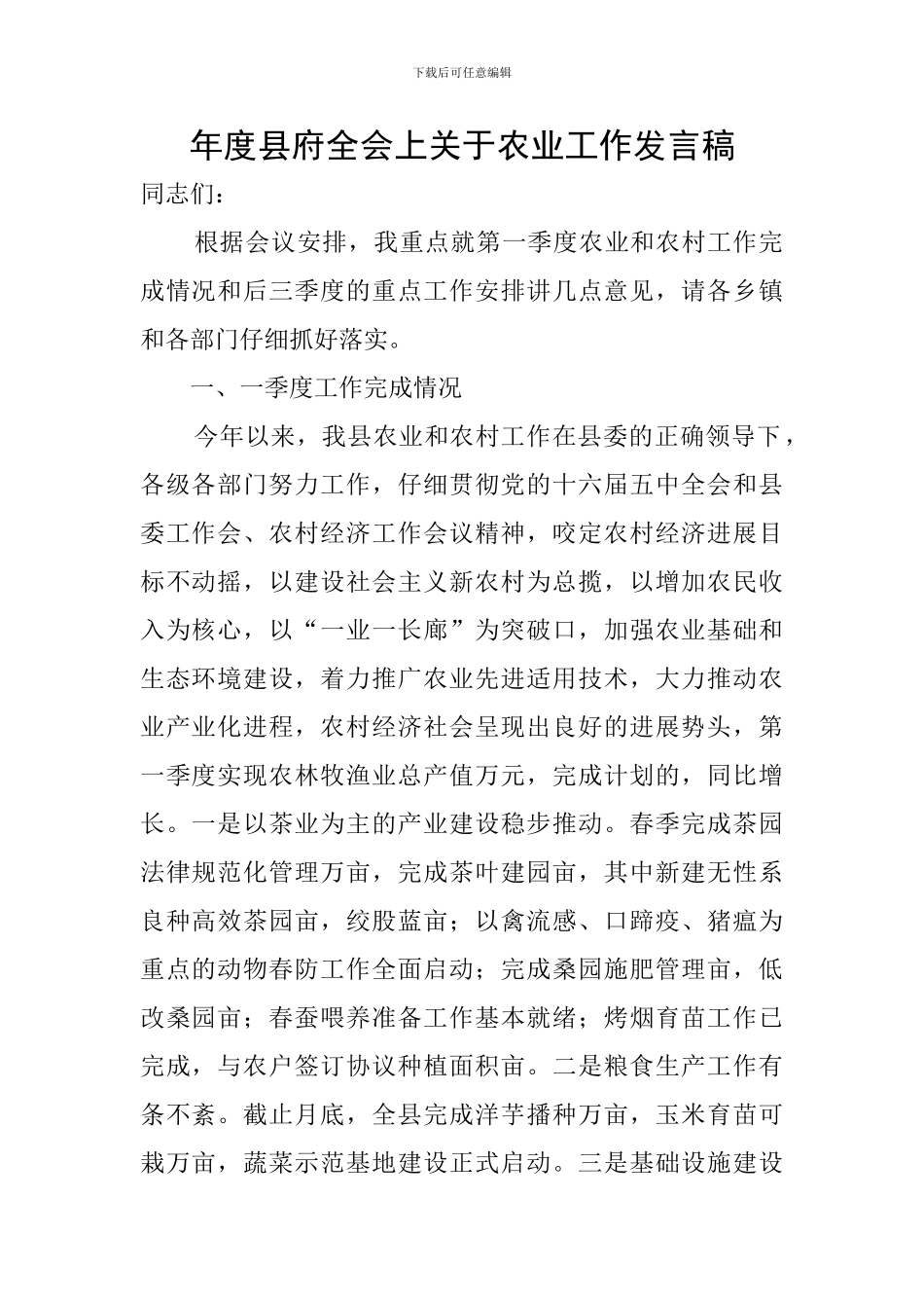 年度县府全会上关于农业工作发言稿_第1页