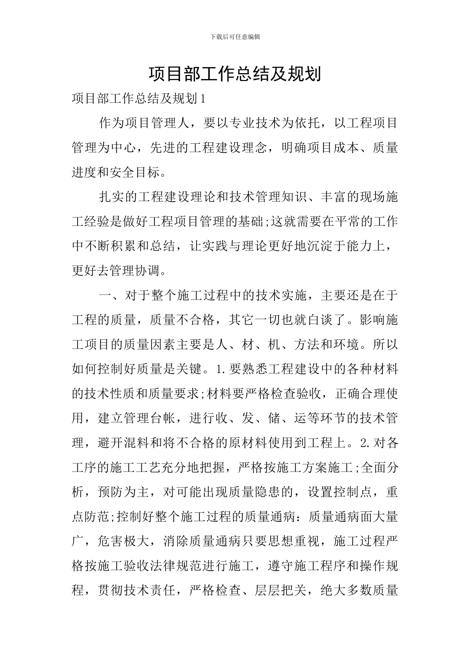 项目部工作总结及规划_第1页
