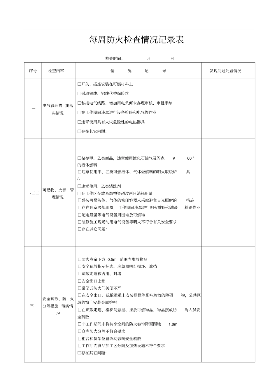 【消防】每周防火检查情况记录表_第1页