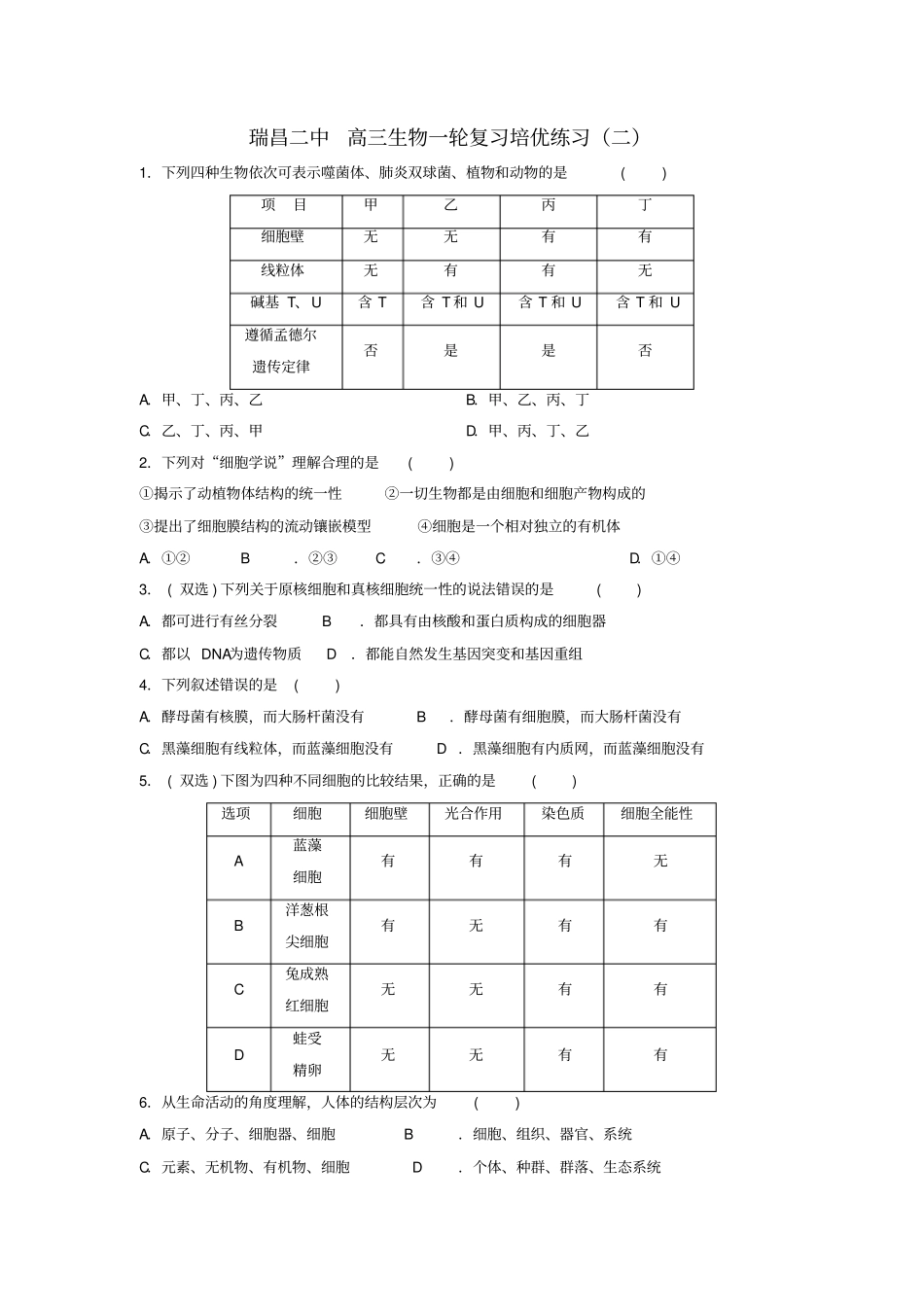 【精品】2020版高三生物一轮复习培优练习二_第1页
