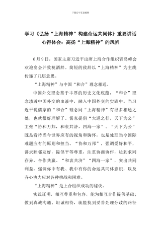 学习《弘扬“上海精神”构建命运共同体》重要讲话心得体会：高扬“上海精神”的风帆