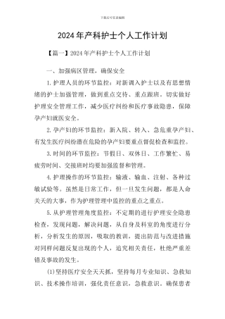 2024年产科护士个人工作计划