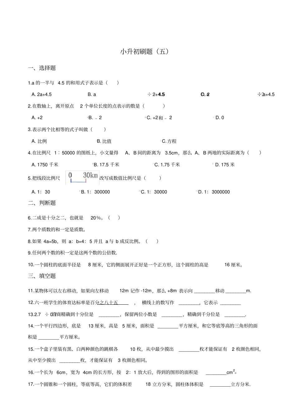 【精品】六年级下册数学试题-小升初刷题五苏教版含答案_第1页