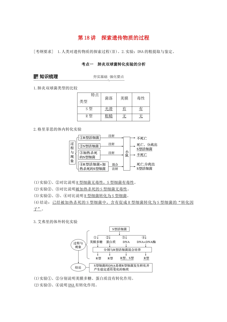 高考生物一轮复习 第六单元 遗传的分子基础 第18讲 探索遗传物质的过程备考一体学案 苏教版-苏教版高三全册生物学案_第1页