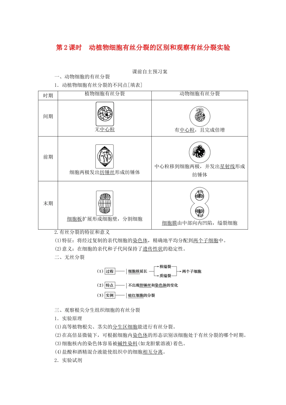 高中生物 6.1.2 动植物细胞有丝分裂的区别和观察有丝分裂实验学案 新人教版必修1-新人教版高中必修1生物学案_第1页