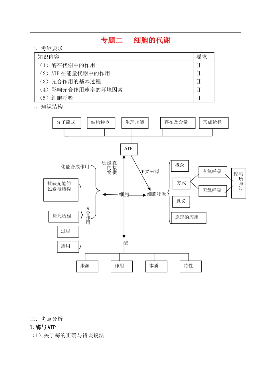 高三生物第二轮复习 专题二 细胞代谢预习案-人教版高三全册生物学案_第1页