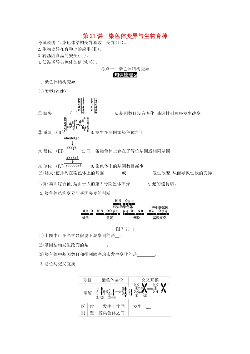 高考生物一轮复习 第7单元 变异、育种与进化 第21讲 染色体变异与生物育种学案 苏教版-苏教版高三全册生物学案_第1页