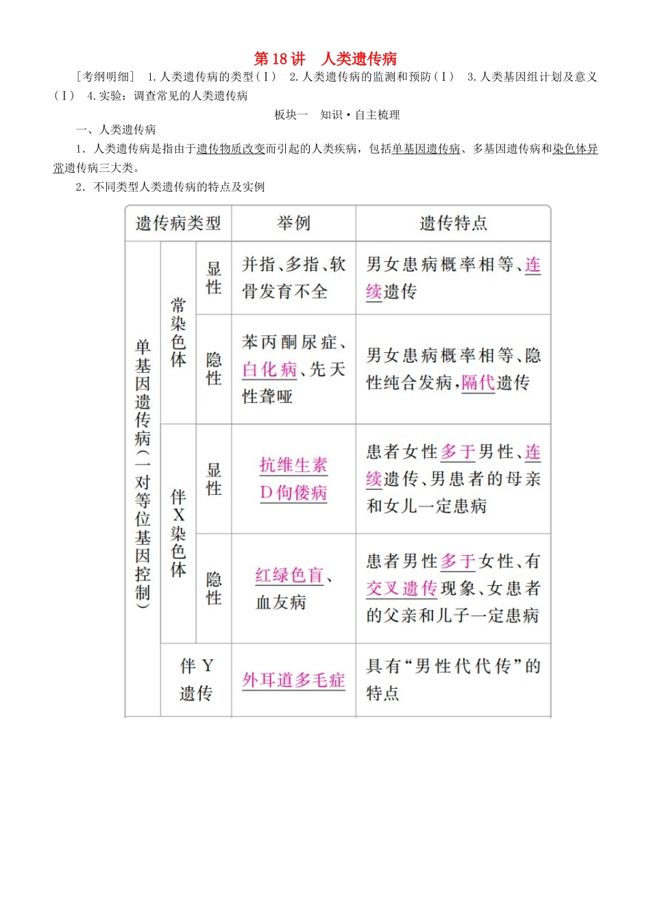 高考生物一轮复习 第18讲 人类遗传病讲练结合学案-人教版高三全册生物学案_第1页