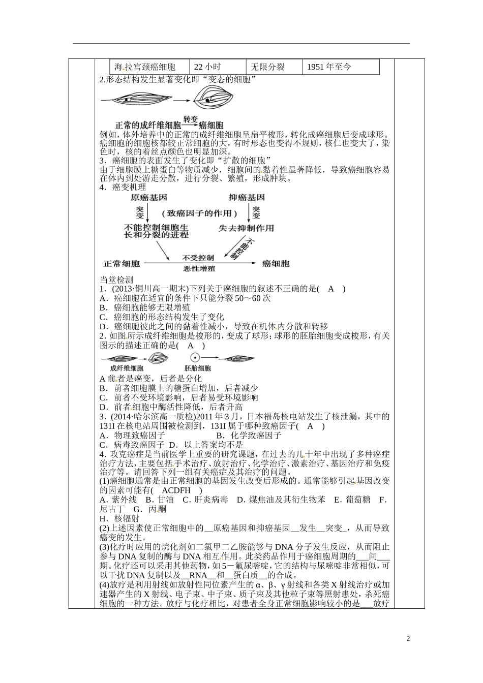 甘肃省庆阳市宁县第五中学高中生物 第6章 第4节 细胞的癌变导学案 新人教版必修1_第2页