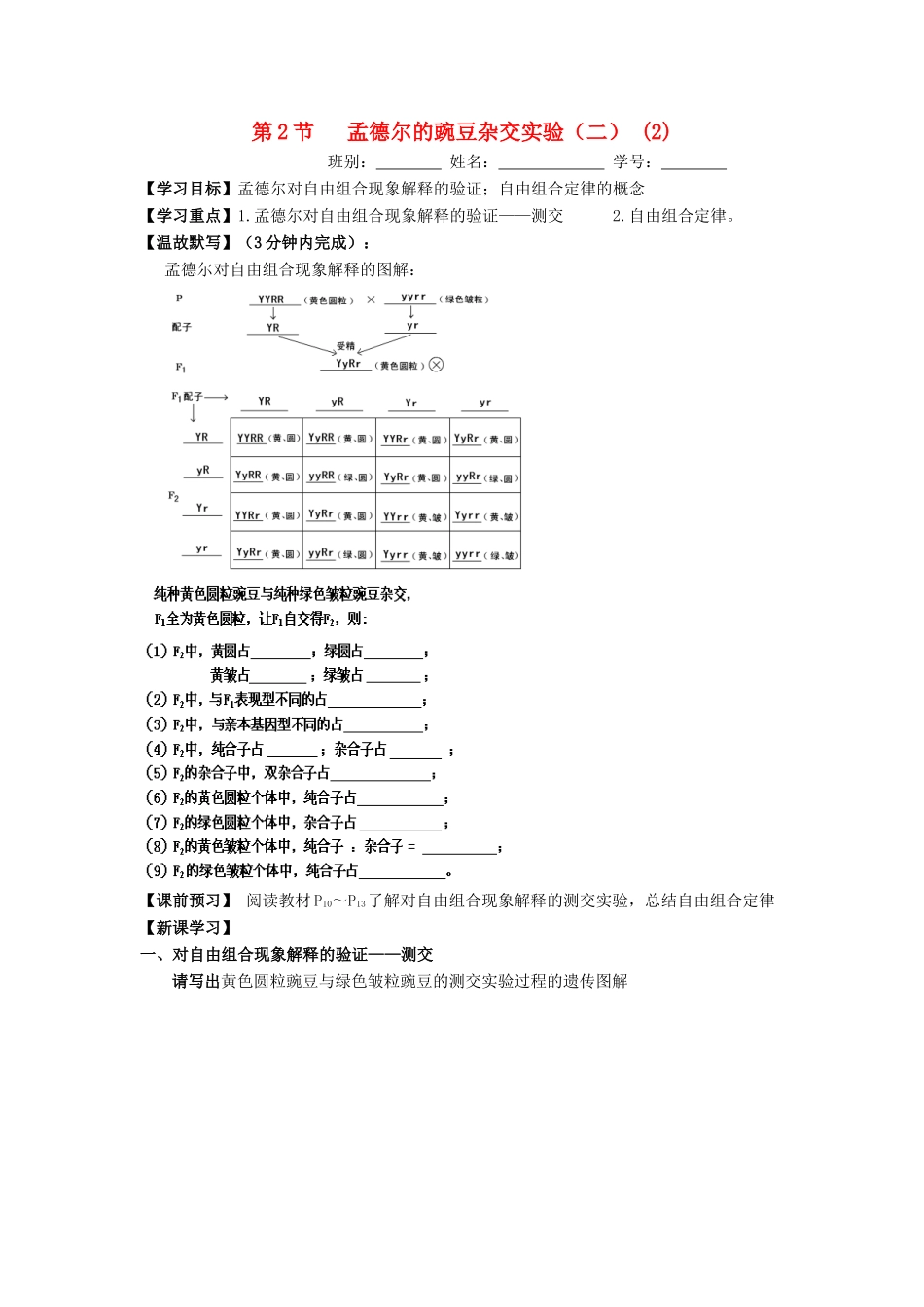 高中生物 第1章 遗传因子的发现 第2节 孟德尔的豌豆杂交实验（二）（2）导学案 新人教版必修2-新人教版高一必修2生物学案_第1页