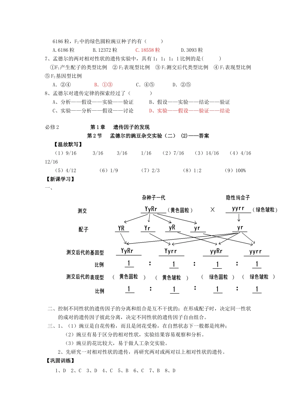 高中生物 第1章 遗传因子的发现 第2节 孟德尔的豌豆杂交实验（二）（2）导学案 新人教版必修2-新人教版高一必修2生物学案_第3页