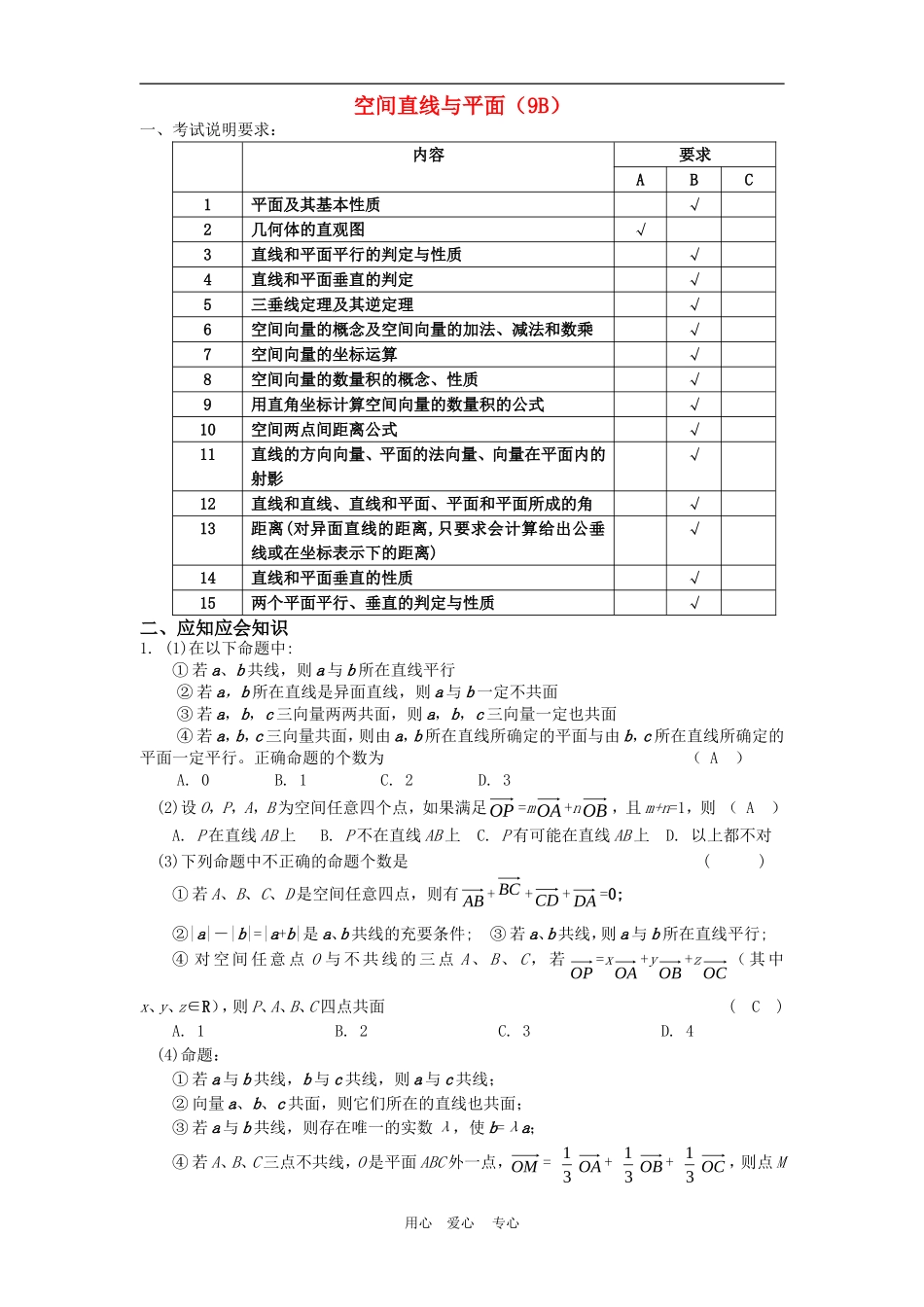 高三数学应知应会讲义十三：空间直线与平面（9B）复习教案_第1页
