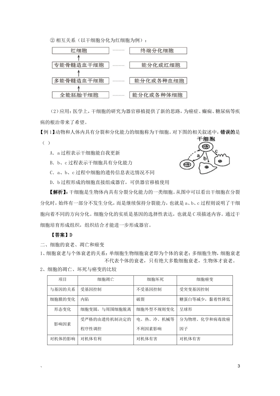 高考生物一轮复习 6.2 细胞的分化、衰老、凋亡和癌变精品学案 新人教版必修1_第3页