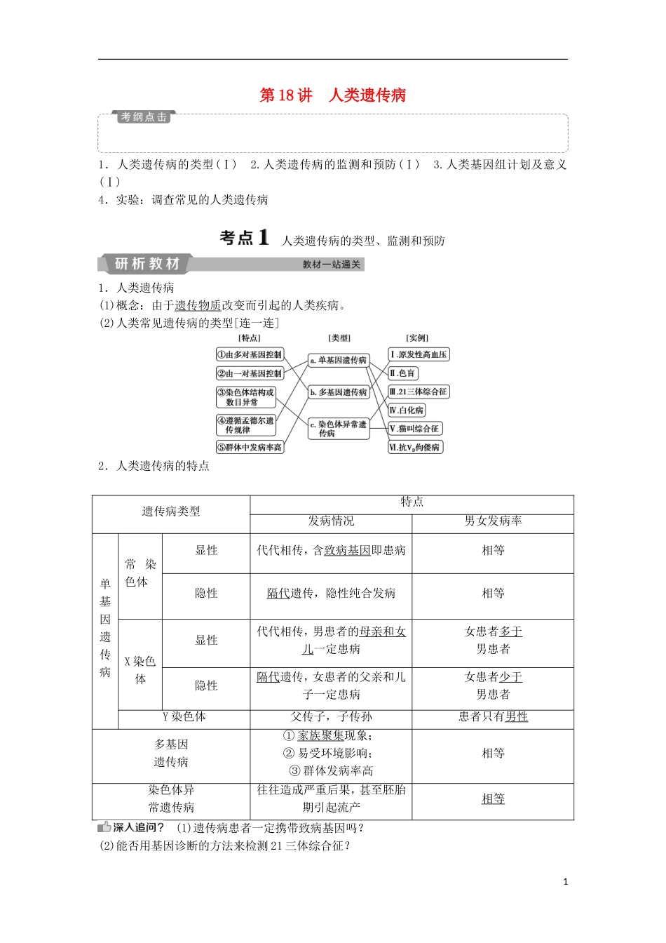 高考生物一轮复习 第五单元 遗传的基本规律与伴性遗传 第18讲 人类遗传病学案-人教版高三全册生物学案_第1页