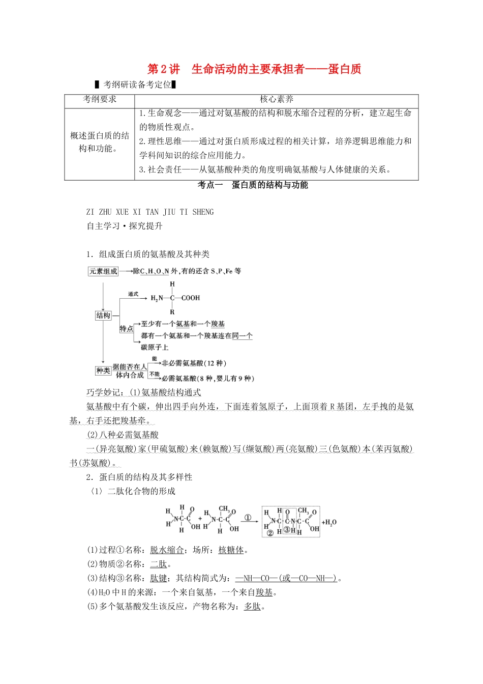 （新高考）高考生物一轮复习 必修部分 模块1 分子与细胞 第1单元 细胞的分子组成 第2讲 生命活动的主要承担者——蛋白质学案 新人教版-新人教版高三必修生物学案_第1页