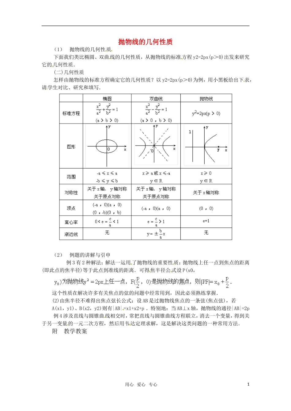 高三数学 抛物线的几何性质教案 新人教A版_第1页
