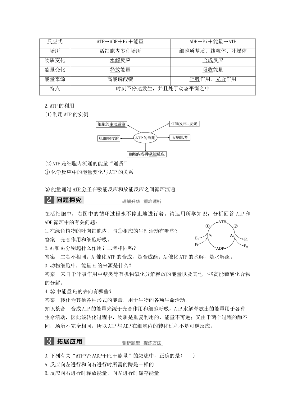 高中生物 第5章 细胞的能量供应和利用 第2节 细胞的能量“通货”——ATP学案 新人教版必修1-新人教版高一必修1生物学案_第3页