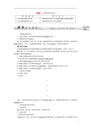 高中生物 第4部分 浅尝现代生物技术 实验11 植物的组织培养学案 浙科版选修1-浙科版高二选修1生物学案