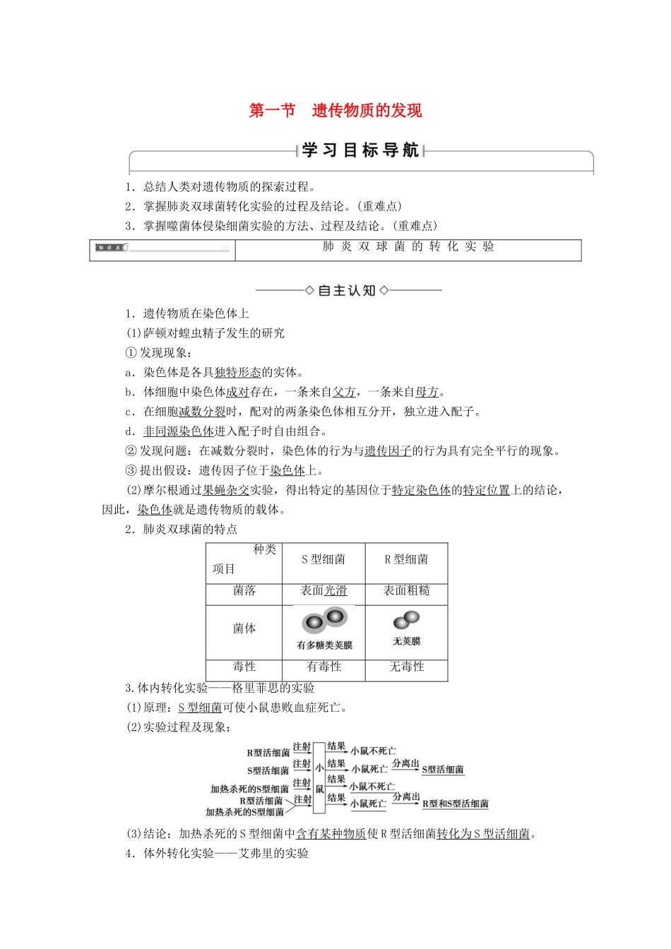 高中生物 第3单元 第1章 第1节 遗传物质的发现学案 中图版必修2-中图版高中必修2生物学案_第1页