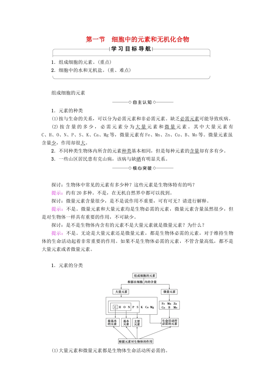 高中生物 第2章 细胞份化学组成 第1节 细胞中的元素和无机化合物学案 苏教版必修1-苏教版高一必修1生物学案_第1页