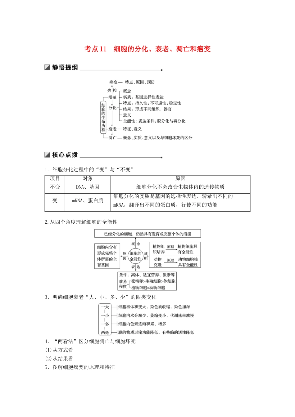 （江苏专用）高考生物二轮复习 专题三 细胞的生命历程 考点11 细胞的分化、衰老、凋亡和癌变学案-人教版高三全册生物学案_第1页