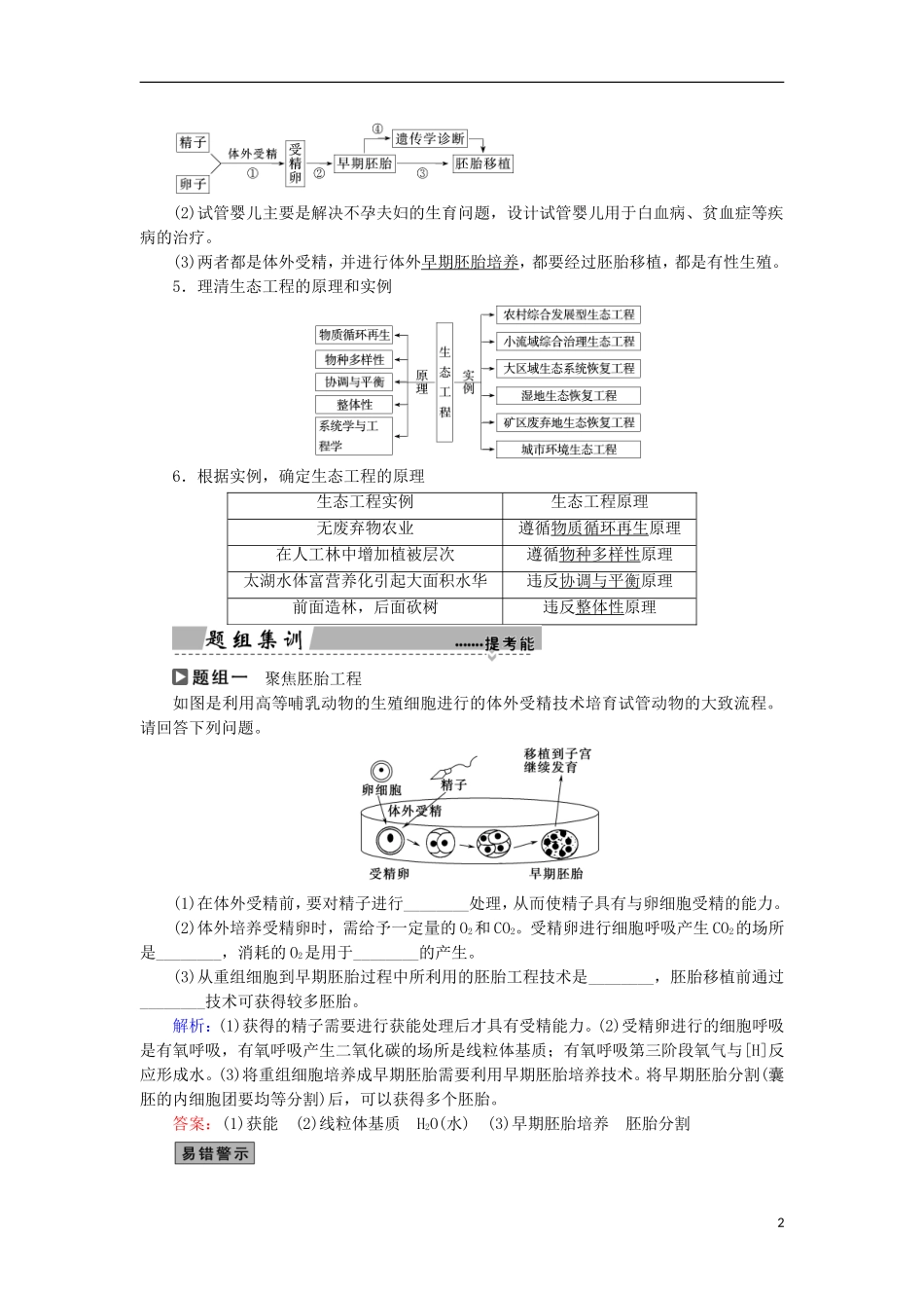 高考生物大二轮复习 第01部分 专题07 现代生物科技专题 整合考点22 胚胎工程、生物技术的安全性和伦理问题以及生态工程学案-人教版高三全册生物学案_第2页
