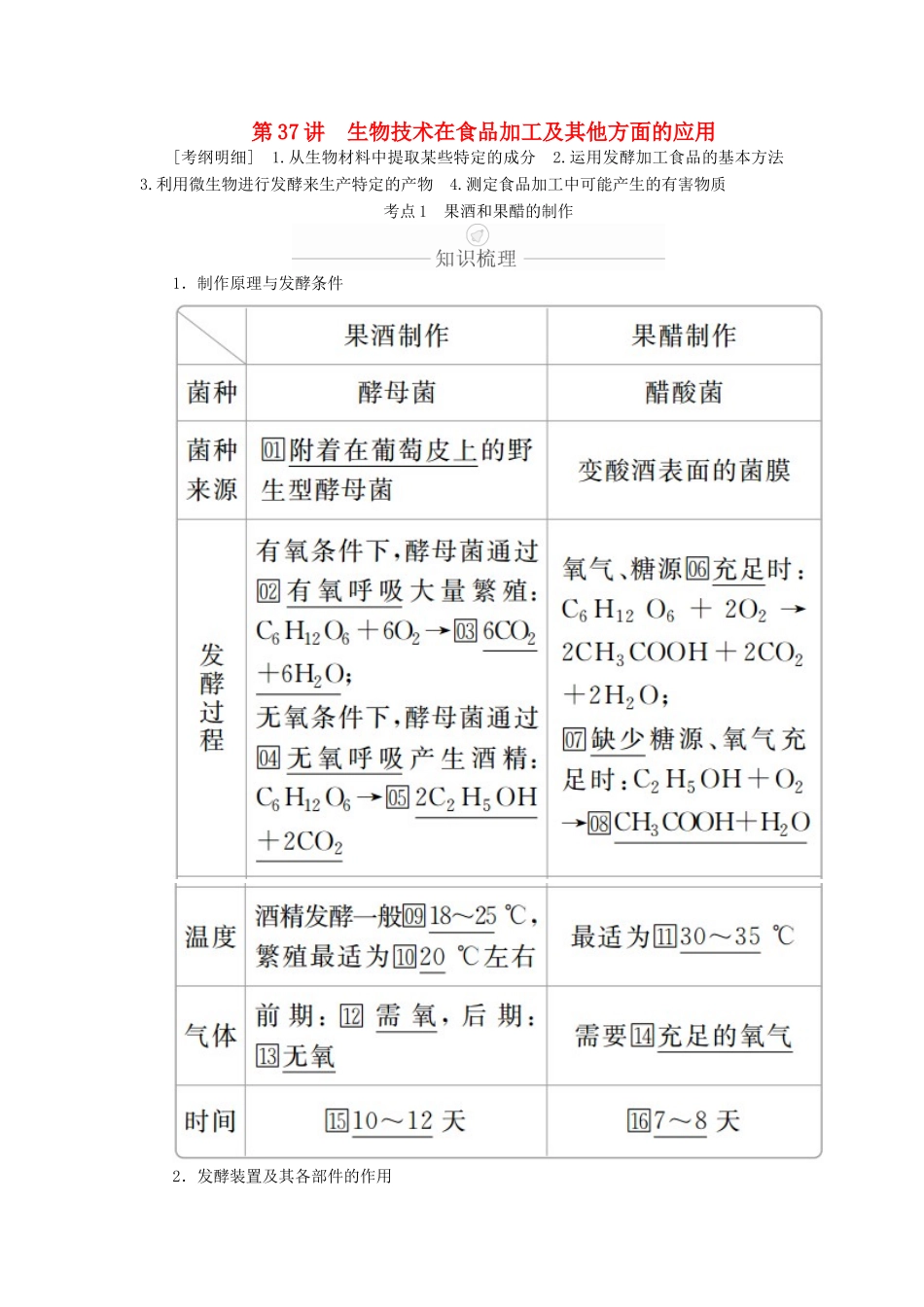 高考生物一轮复习 第11单元 生物技术实践 第37讲 生物技术在食品加工及其他方面的应用学案（含解析）（选修1）-人教版高三选修1生物学案_第1页