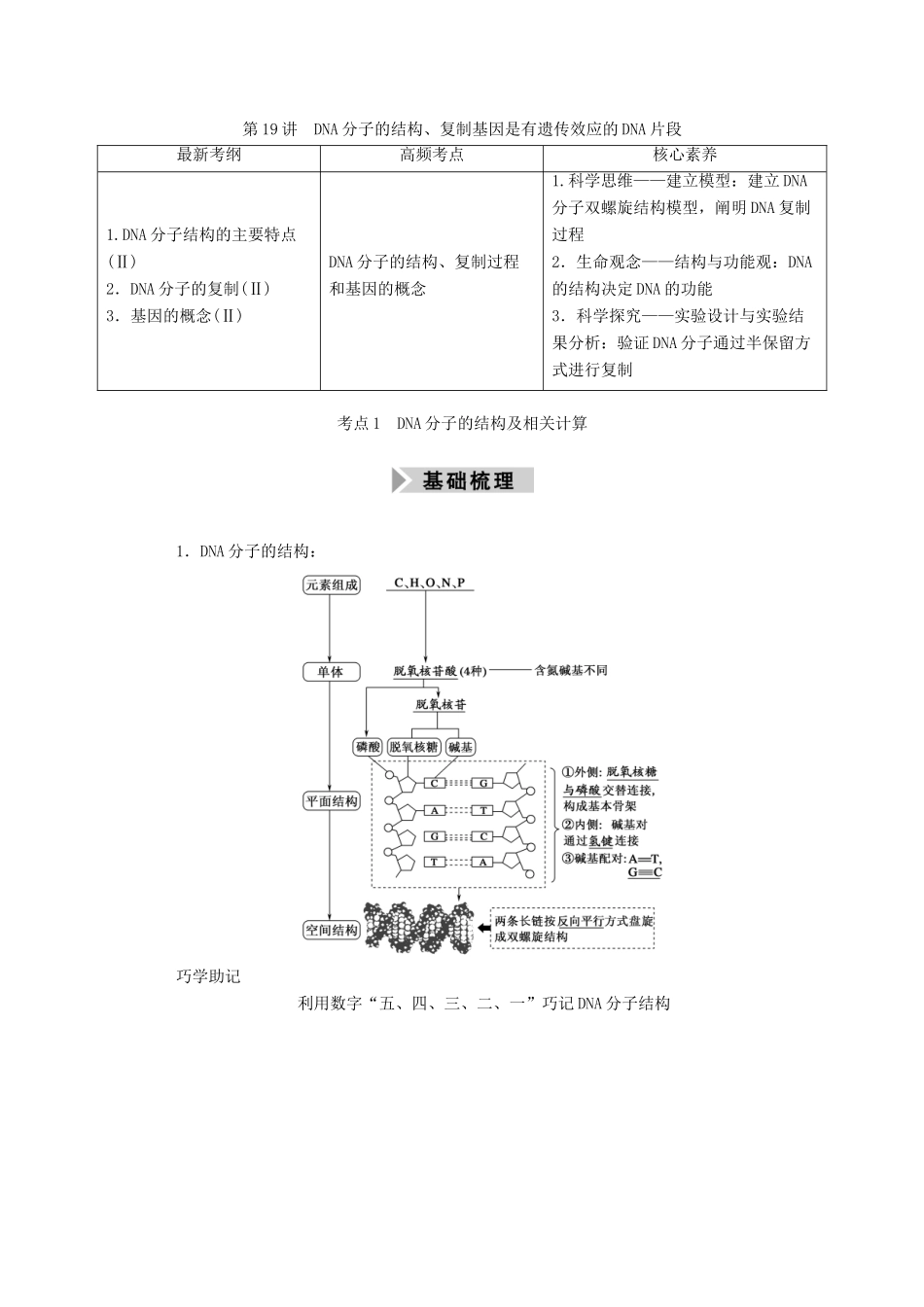 高考生物一轮复习 第六单元 遗传的物质基础 第19讲 DNA分子的结构、复制基因是有遗传效应的DNA片段学案 新人教版-新人教版高三全册生物学案_第1页