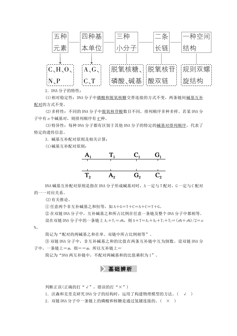 高考生物一轮复习 第六单元 遗传的物质基础 第19讲 DNA分子的结构、复制基因是有遗传效应的DNA片段学案 新人教版-新人教版高三全册生物学案_第2页