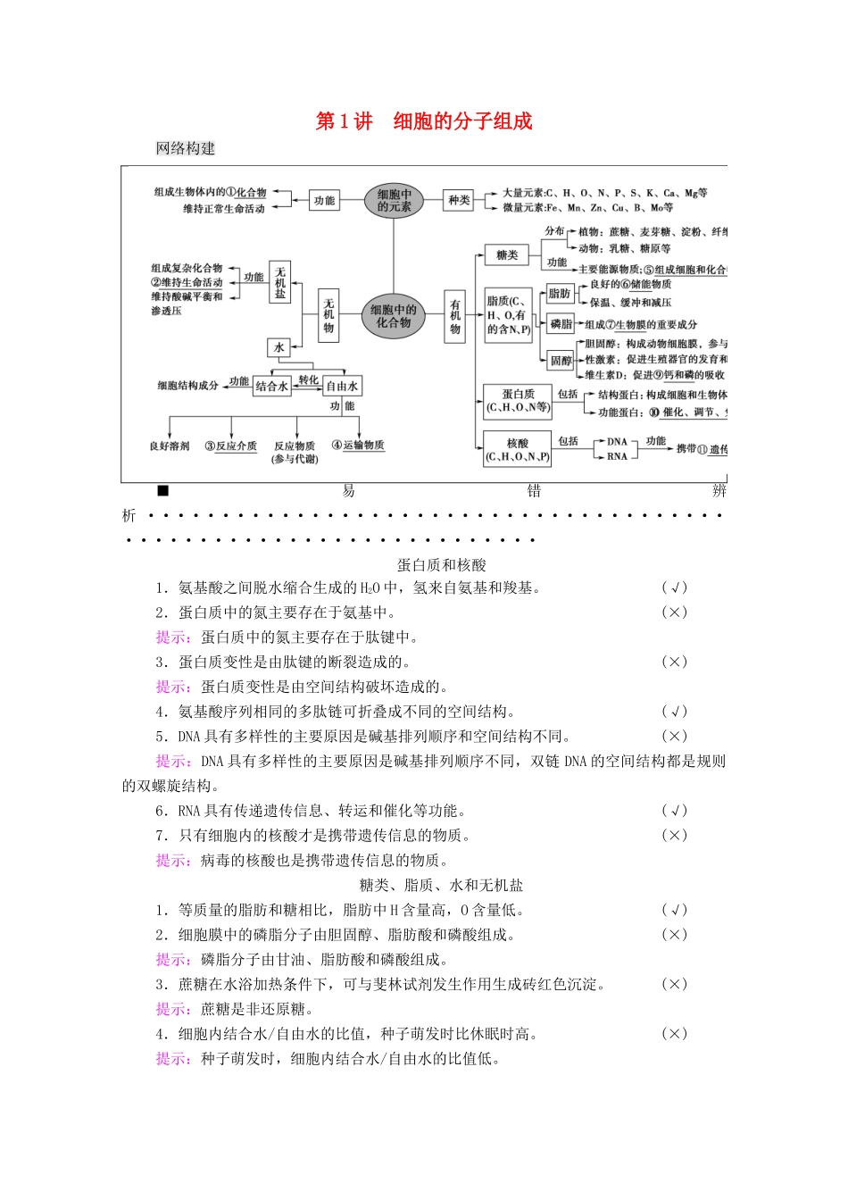 （山东专用）2021高考生物二轮复习 第1部分 专题1 第1讲 细胞的分子组成学案-人教版高三全册生物学案_第1页
