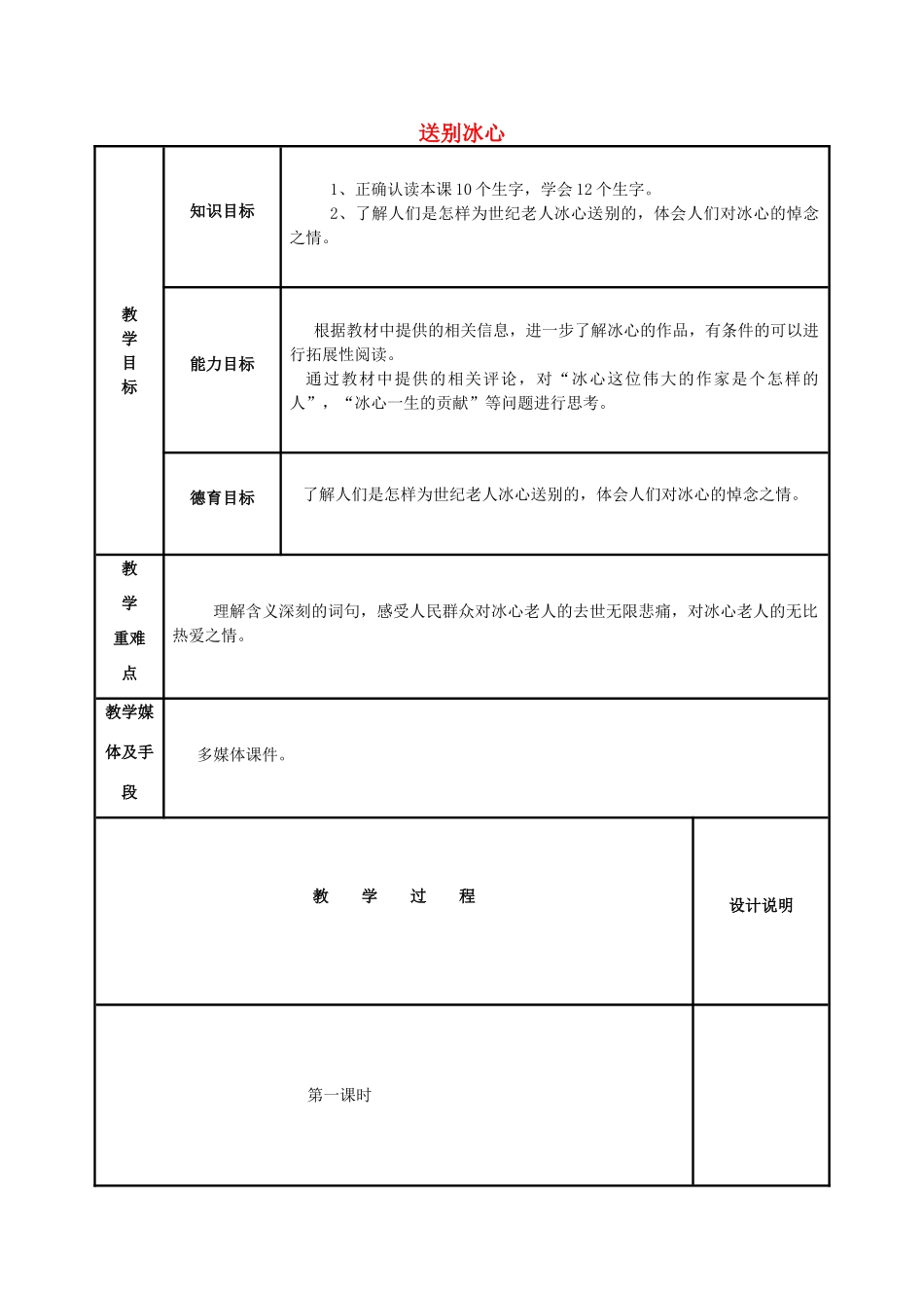 春四年级语文下册《送别冰心》教案 冀教版-冀教版小学四年级下册语文教案_第1页