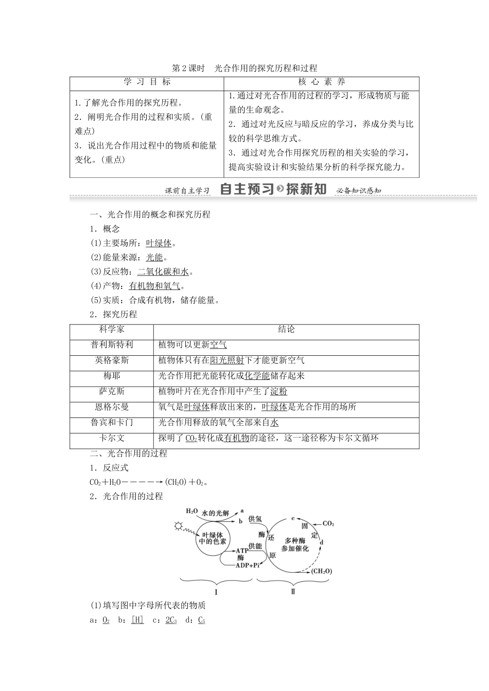 高中生物 第5章 细胞的能量供应和利用 第4节 第2课时 光合作用的探究历程和过程学案 新人教版必修1-新人教版高一必修1生物学案_第1页