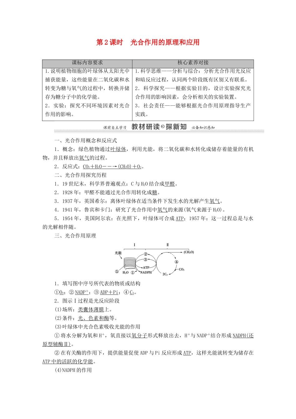 高中生物 第5章 细胞的能量供应和利用 第4节 第2课时 光合作用的原理和应用学案 新人教版必修1-新人教版高中必修1生物学案_第1页