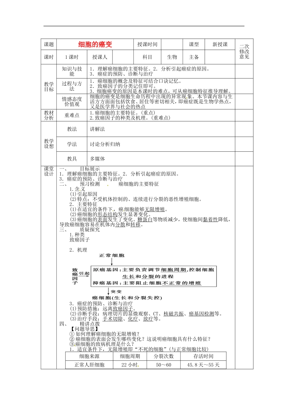 高中生物 6.4细胞的癌变导学案 新人教版必修1-新人教版高一必修1生物学案_第1页