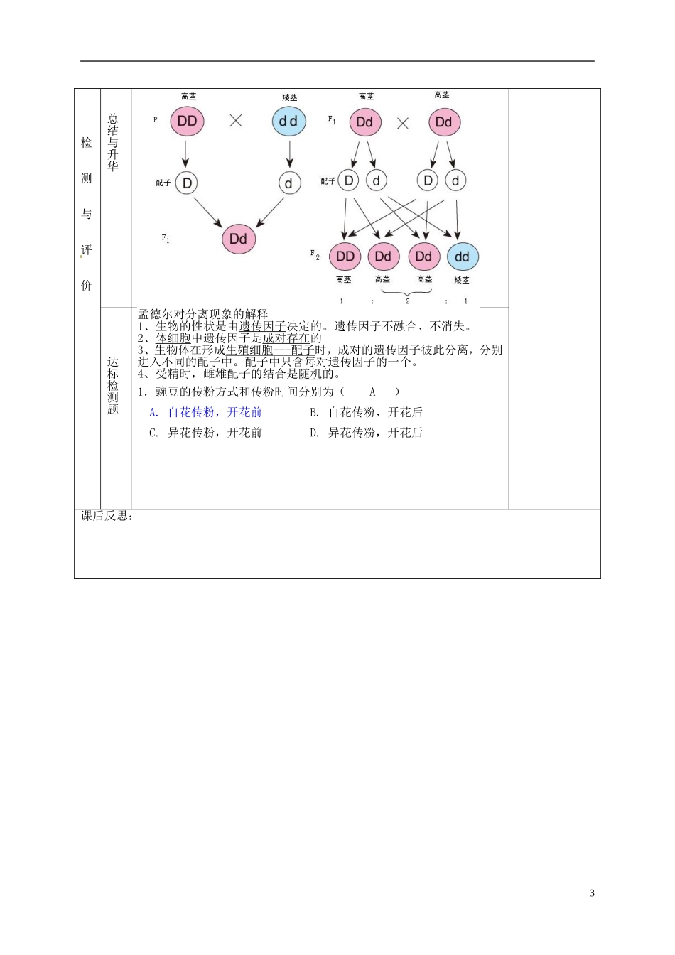 甘肃省金昌一中高考生物一轮复习 1.1孟德尔杂交试验(一）第1课时教学案 新人教版_第3页