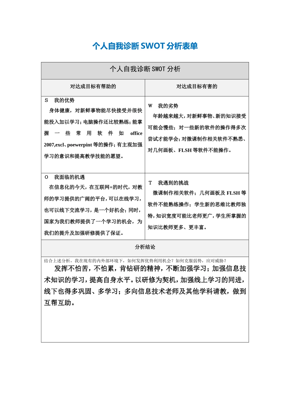 袁国琪自我诊断SWOT分析表_第1页