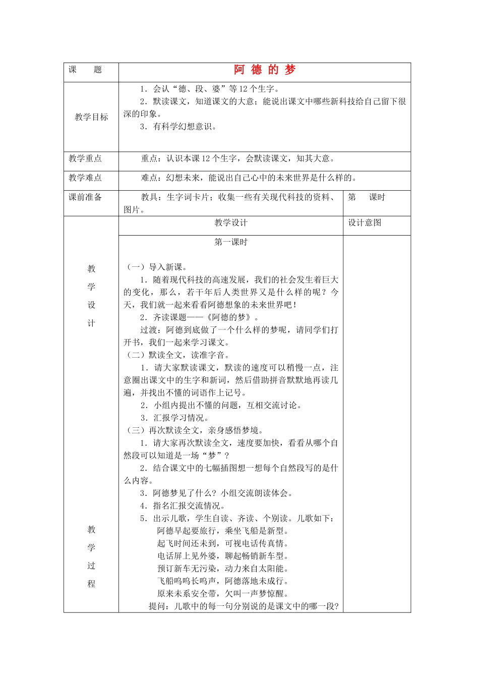 春二年级语文下册《阿德的梦》教学设计 鲁教版-鲁教版小学二年级下册语文教案_第1页