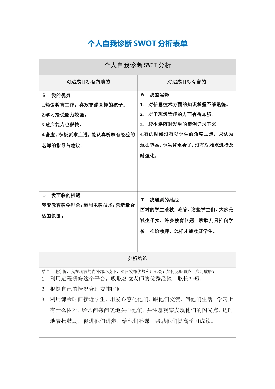 韦芳玲：个人自我诊断SWOT分析表_第1页